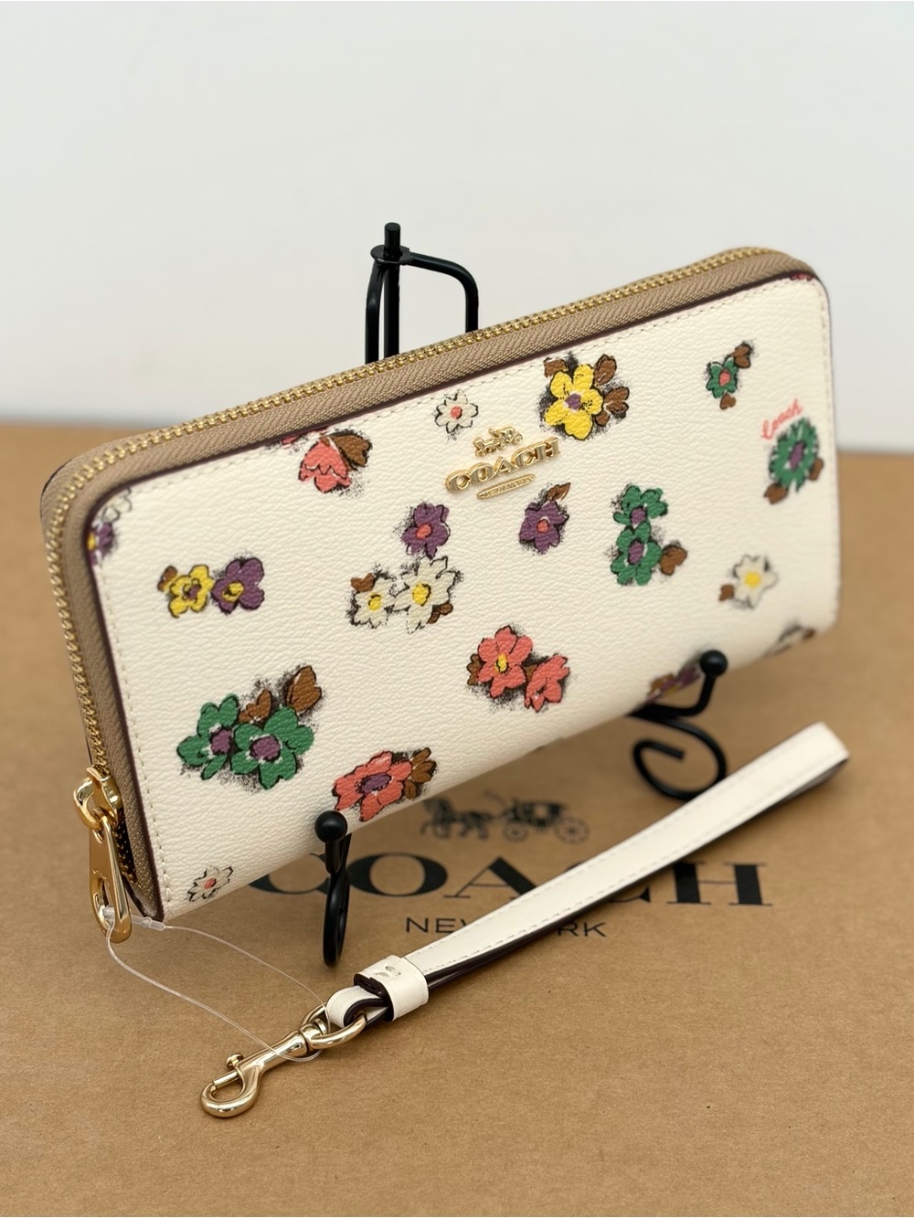 Coach Cream Floral Zip Wristlet Wallet with Multicolor Blooms
